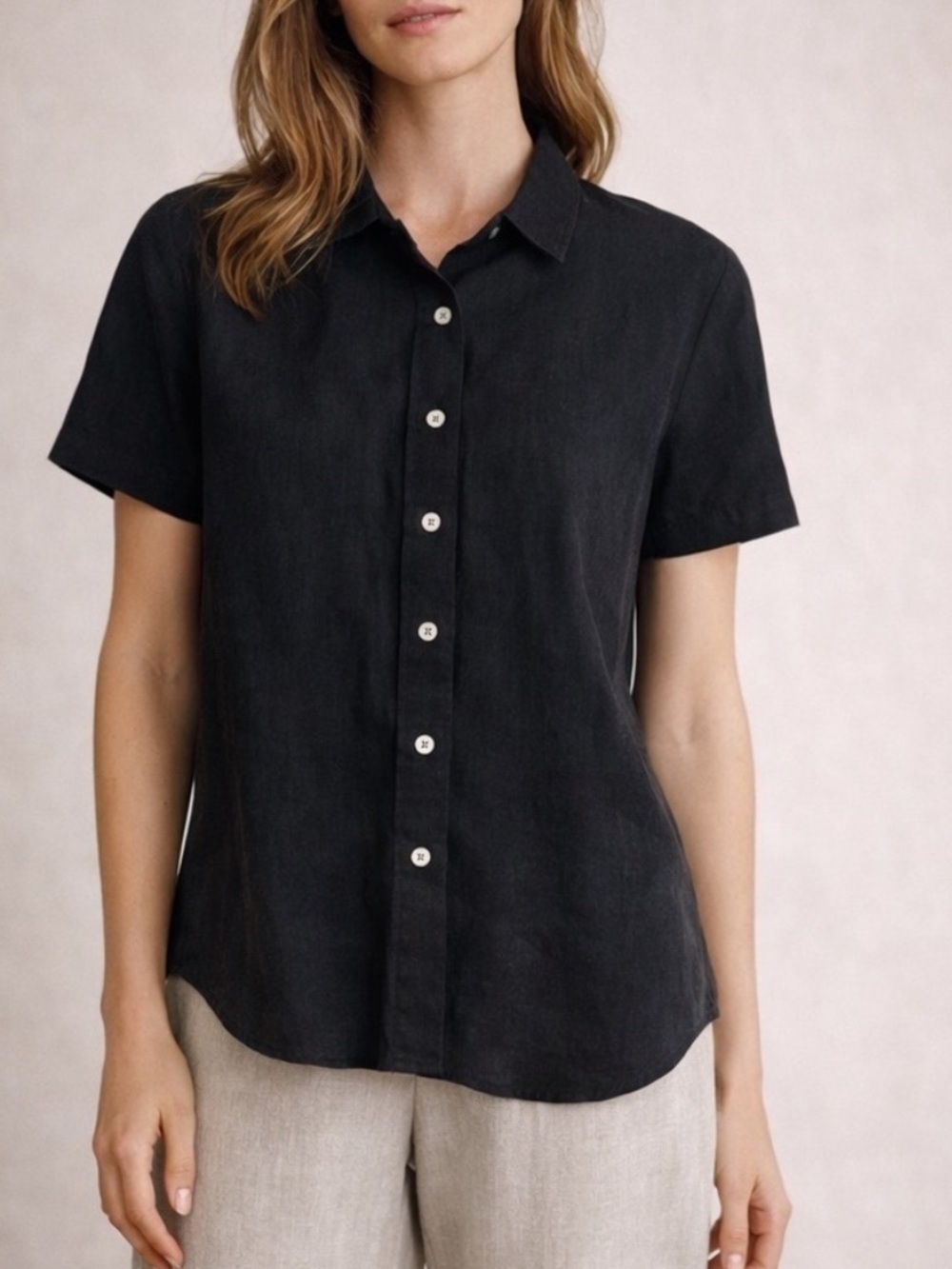 Luna Luz Boxy Button Down Cotton Blouse Small In Black NWT Lagenlook Minimalist